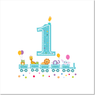 Happy first birthday colorful balloon and train with animal Posters and Art